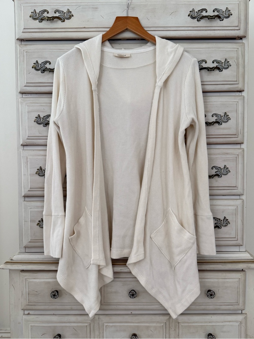 Cream Waffle Cotton Hooded Cardigan